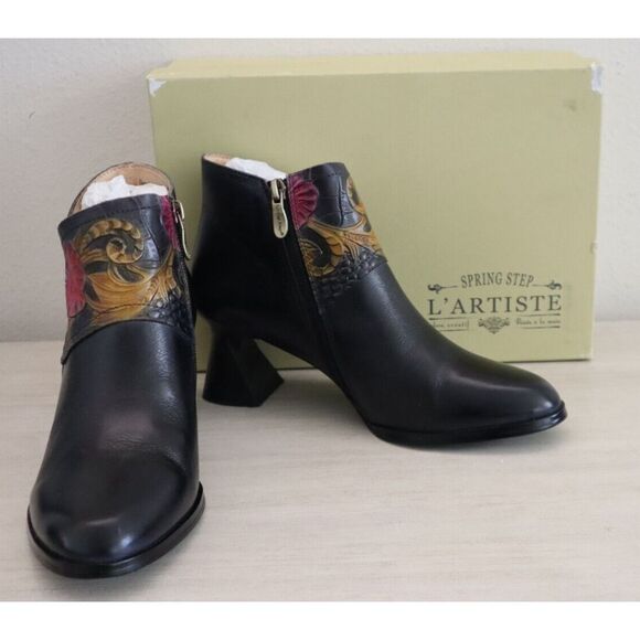 L'Artiste x Spring Step Women Sz 7.5-8 Navy Leather Inspiration Bootie Heels - Picture 1 of 14